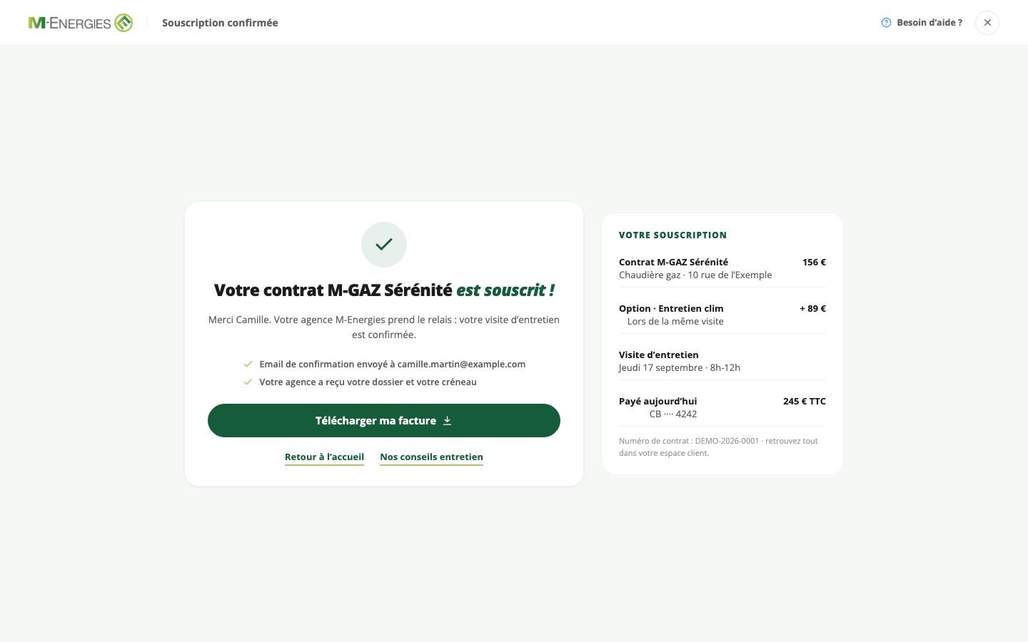 Confirmation de souscription M‑Energies avec données fictives