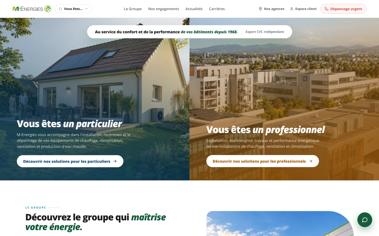 Navigation et hero partagé particuliers et professionnels du hub M-Energies