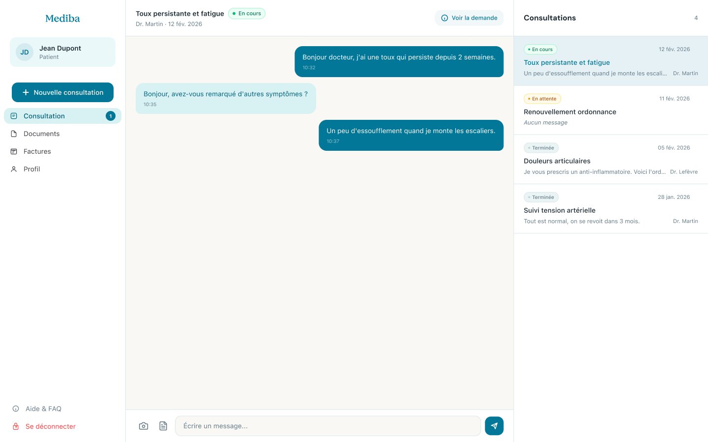 Consultation Mediba avec données fictives de démonstration