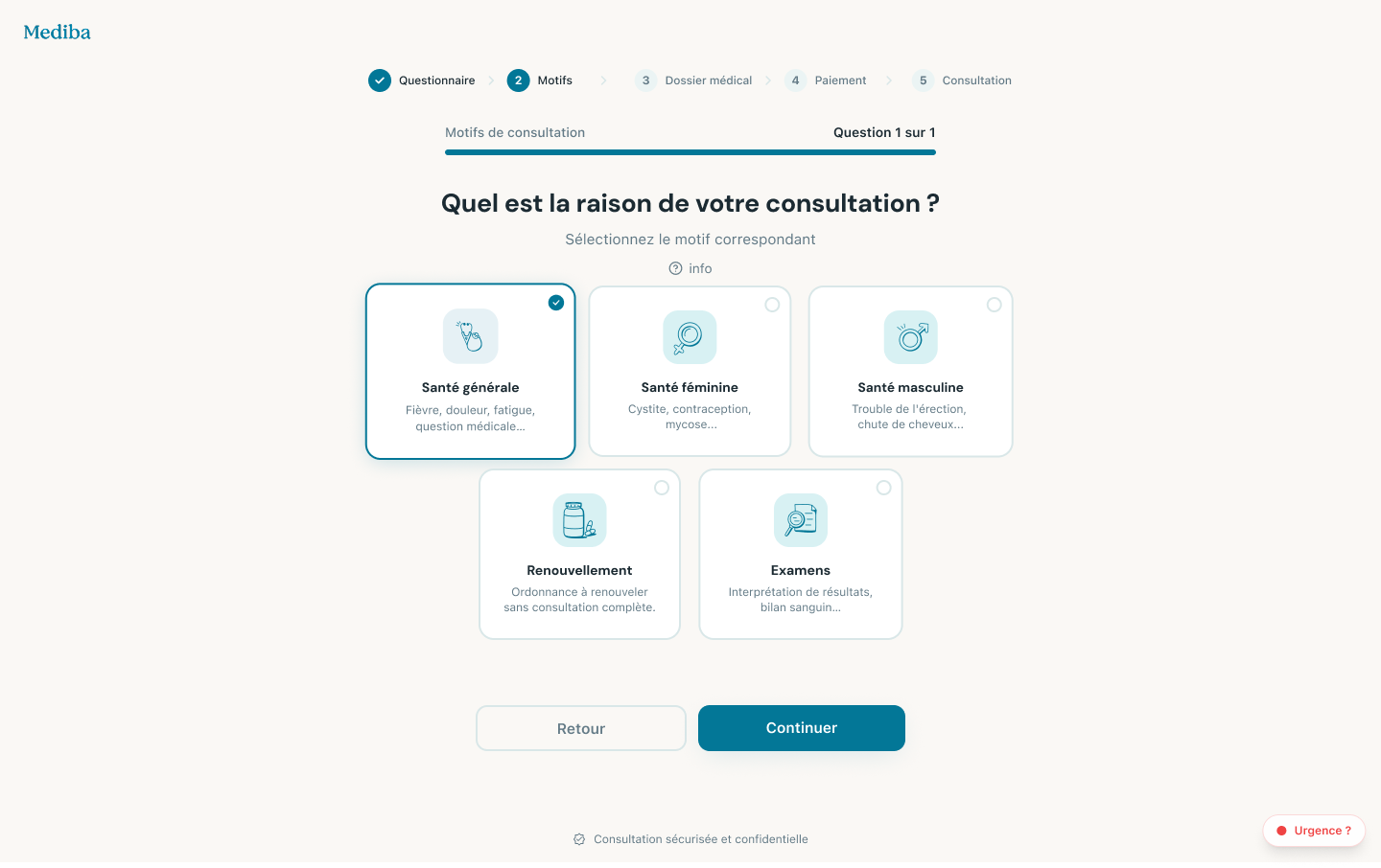 Étape de diagnostic Mediba avec données fictives de démonstration