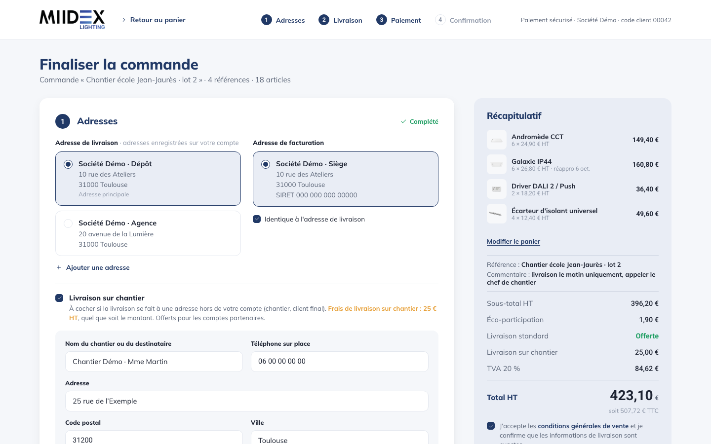 Tunnel de commande B2B Miidex avec données fictives