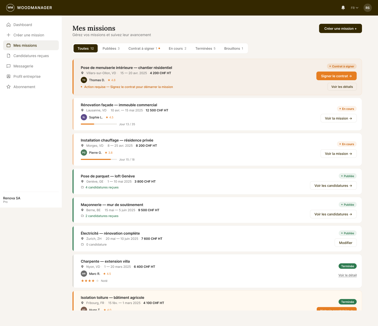 Liste des missions Wood‑Manager
